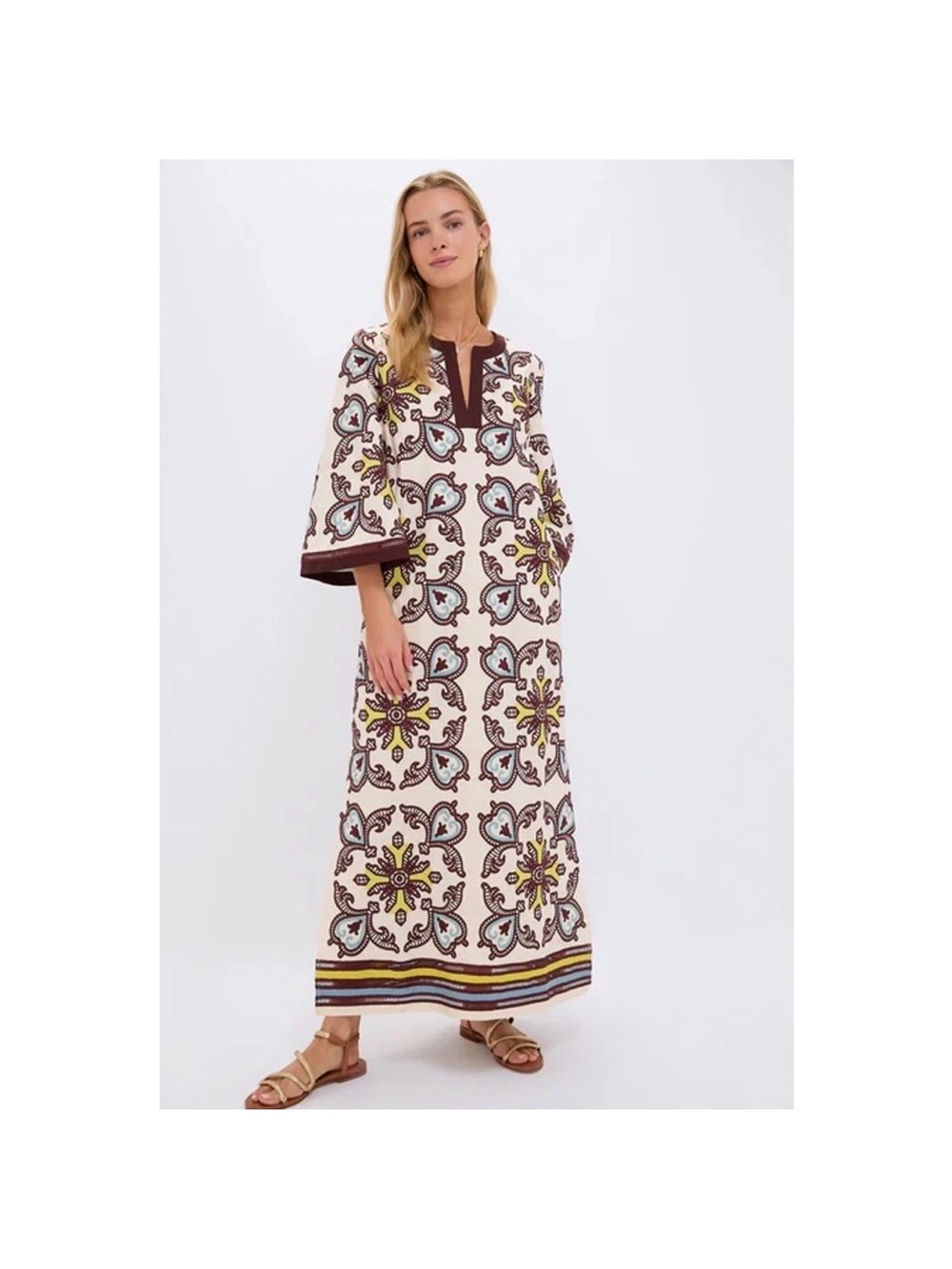 Tuckernuck Citron and Slate Blue Embroidered Lorena Caftan